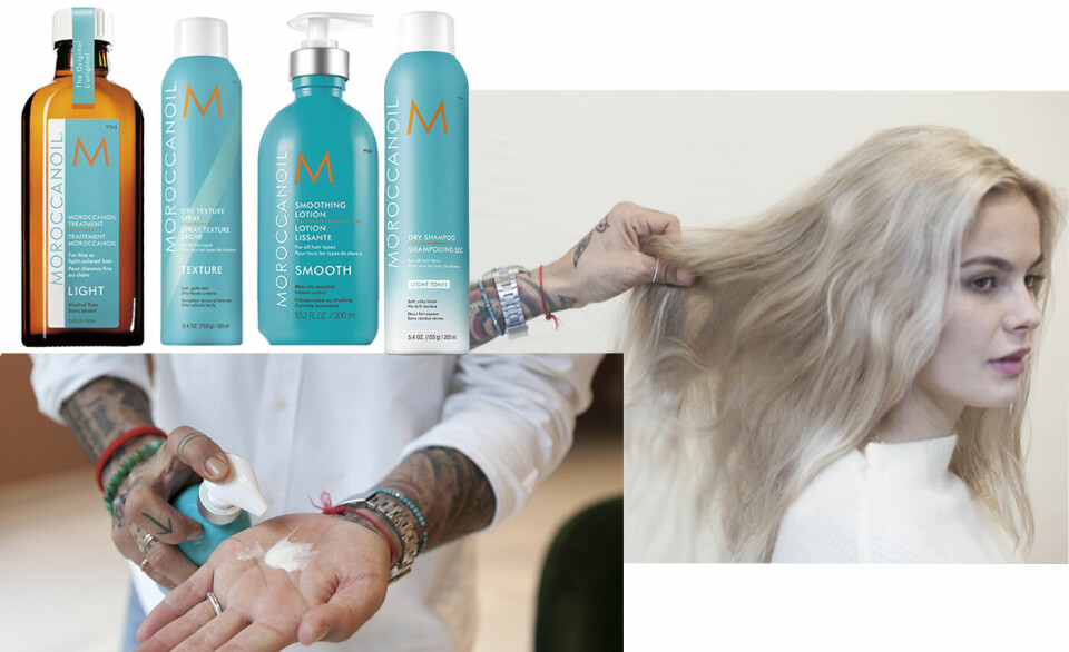 1.Begynn med en pump Moroccanoil Treatment for mykt, glansfullt og håndterbart hår. Ta en halv pump Smoothing Lotion i hendene og fordel jevnt i hele håret. Deretter sprayer du Dry Texture Spray i lengdene på håret, og rufser det til litt for å få tekstur.