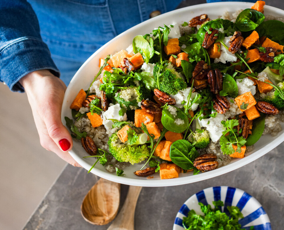 Lun sommersalat med søtpotet, pekannøtter, chèvre og quinoa. Oppskrift: Tiril Refsum/Oslo Raw