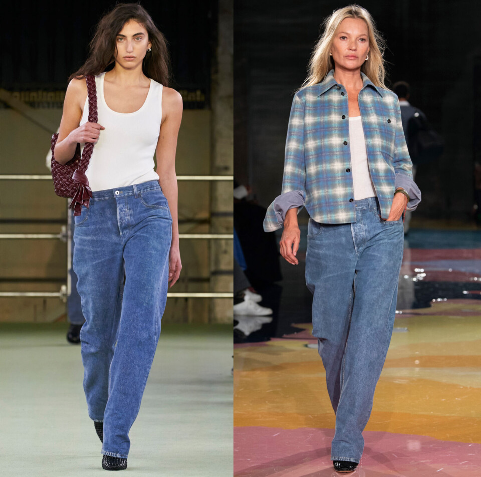 Singlet, skjorte og jeans i skinn (!) fra Bottega Venetas SS23-visning, designet av Matthieu Blazy.