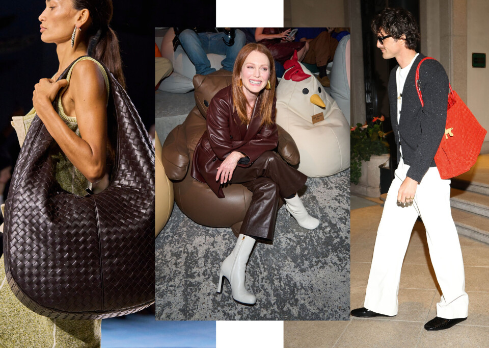 Bottega Venetas Intrecciato-flettemønster. Julianne Moore i Bottega Veneta under visningen for SS25, i en av de virale sakkosekkene Blazy laget for gjestene. Jacob Elordi har vært en av Bottegas populære ambassadører, takket være Matthieu Blazy, og har gjort sitt for å popularisere totebags for menn.