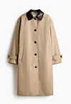 Beige trenchcoat med mørk brun krage hengt mot hvit bakgrunn.