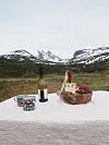 Piknikbord med ost, druer, vin og kopp foran snødekte fjell