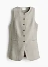 Beige ermeløs vest med knapper foran mot hvit bakgrunn.