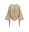Beige overdel med lange frynser, vide ermer og rund hals på hvit bakgrunn.