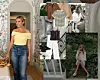 Kollasj med kvinne i gul topp og jeans, samt klær, sko og tilbehør i nøytrale toner.