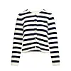 Kremfarget cardigan med marineblå striper, rund hals og knapper mot hvit bakgrunn.