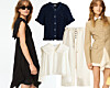 Fire sommerplagg fra H&M Studio Resort, inkludert kjole, cardigan, bluse og shorts, vist mot hvit bakgrunn.