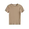 Beige ribbestrikket T-skjorte med korte ermer på hvit bakgrunn.