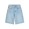 Lyseblå denimshorts med høyt liv, beltehemper og fem lommer på hvit bakgrunn.