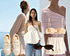 Collage med en modell i sommerklær, solbriller og H&M-plagg i lyse farger.