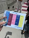 Hånd med festivalprogram og plastglass foran en utendørs trapp med folk.