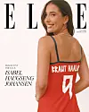 Magasinforside med en kvinne sett bakfra i rød kjole foran ELLE-logoen.