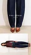Kollasj med mørke jeans, brune spisse sko og en modell iført denimantrekk.