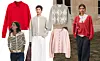 Fem personer viser cardigans i rødt, beige, grått, rosa og mønstret strikk mot en lys bakgrunn.