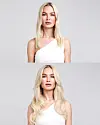 To portrettbilder av en blond kvinne med kortere, rett hår øverst og lange, bølgende lokker nederst.