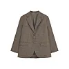 Brunrutete ullblazer med slag, knapper og lommer vist mot hvit bakgrunn.