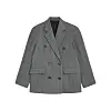 Grå, dobbeltspent blazer med slag, knapper og påsydde lommer mot hvit bakgrunn.