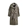 Gråbrun rutete trenchcoat med belte og lang, rett silhuett på hvit bakgrunn.