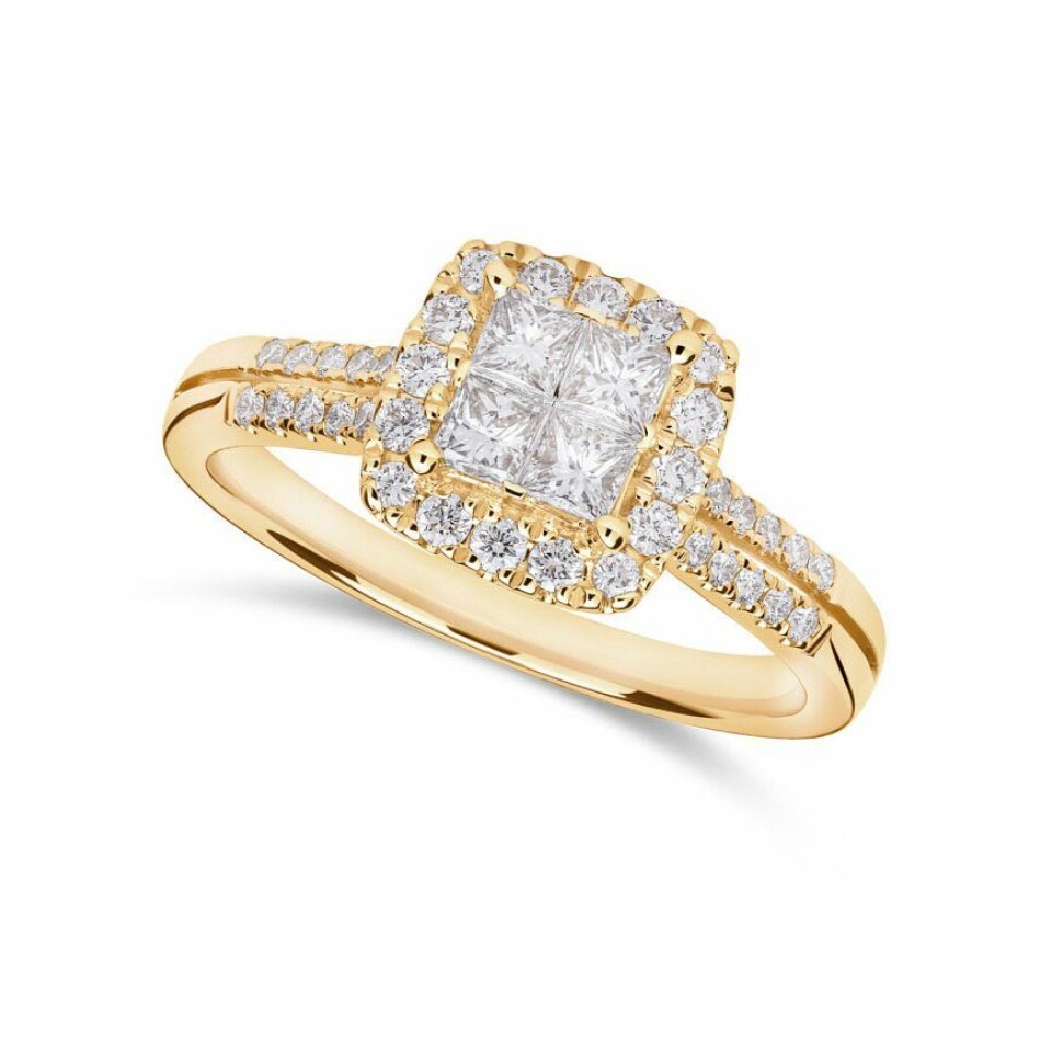 Diamantring med princess cut og brillianter